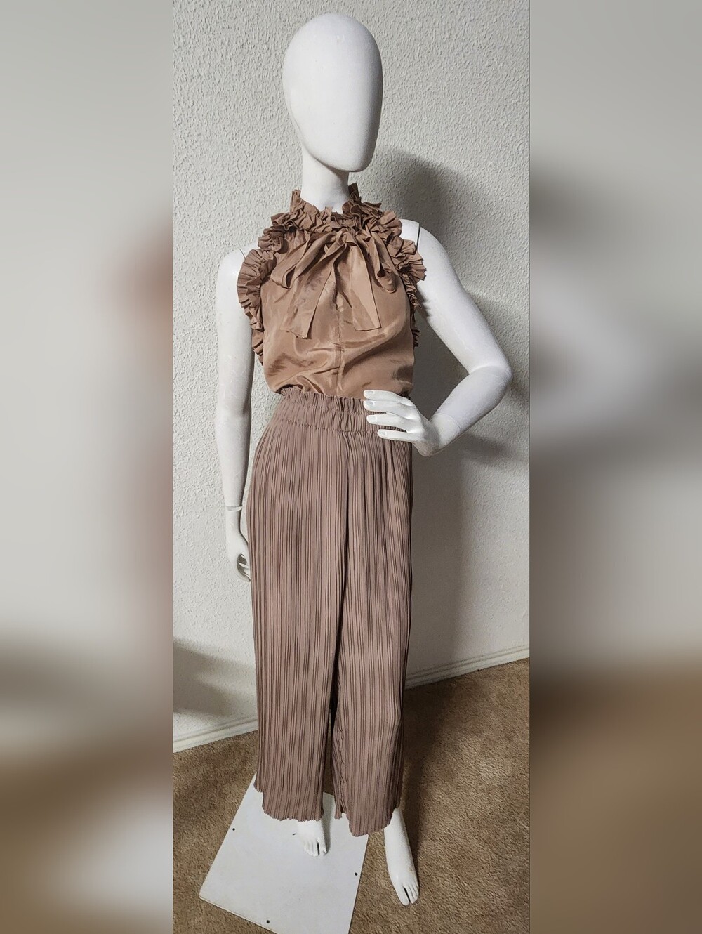 Joie Taupe Ruffled Halter Pleated Wide-Leg Trouser